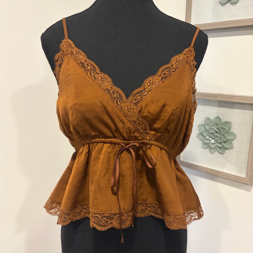 American Eagle Bronze Cropped Lace Peplum Top With Waist Tie NWT!